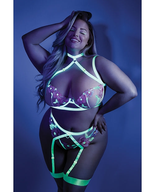 Glow Black Light Embroidered Harness Bra, Leg Garterbelt & G-String Set - Bra, Garter Belt & G-String Sets - The Naughty & Nice District - Adult Sex Toy Store