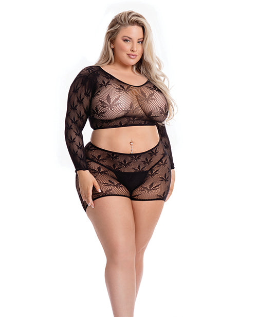 Pink Lipstick Leaf it to Me Long sleeve Crop Top & Short Black QN - Sets - The Naughty & Nice District - Adult Sex Toy Store