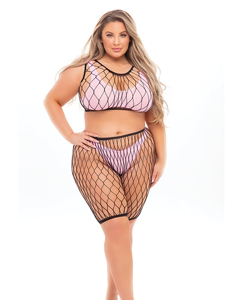 Pink Lipstick Brace for Impact Large Fishnet Top, Shorts, Bra & Thong (Fits up to 3X) Pink QN - 4 ps. Set - The Naughty & Nice District - Adult Sex Toy Store